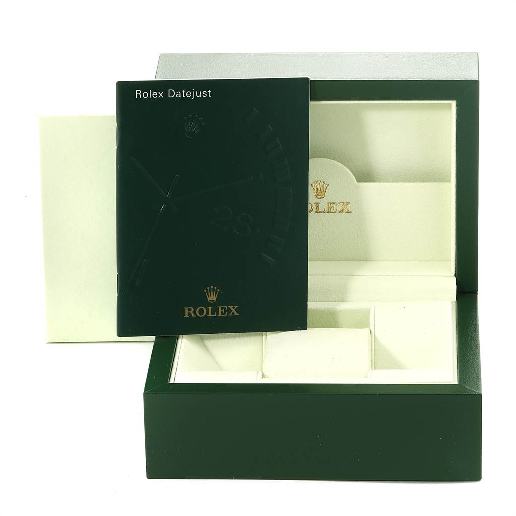 This image shows a Rolex Turn-o-Graph 116263 Men
s Steel and Gold (two tone) Grey Dial 116263 Men
s Steel and Gold (two tone) Grey Dial watch box and a Rolex Datejust manual placed on top of it, viewed from the front.