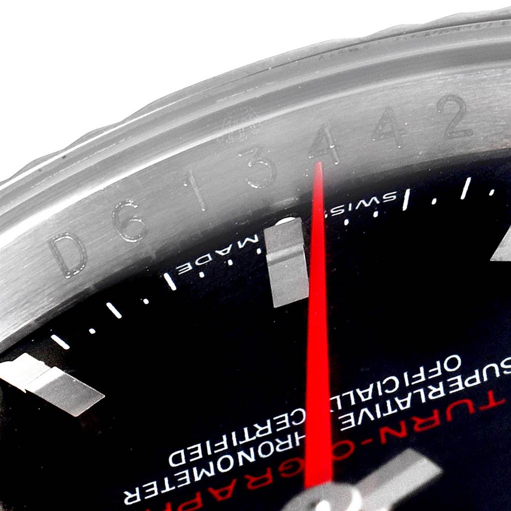 The image shows a close-up angle of the Rolex Turn-o-Graph 116264 Men
s Stainless Steel Black Dial 116264 Men
s Stainless Steel Black Dial watch, focusing on the bezel, a portion of the dial, and the second hand.