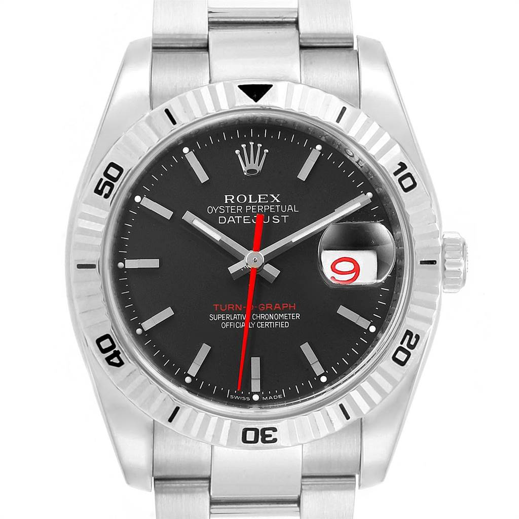 The image shows a Turn-o-Graph model by Rolex from a top-down angle, highlighting the dial, bezel, and bracelet.