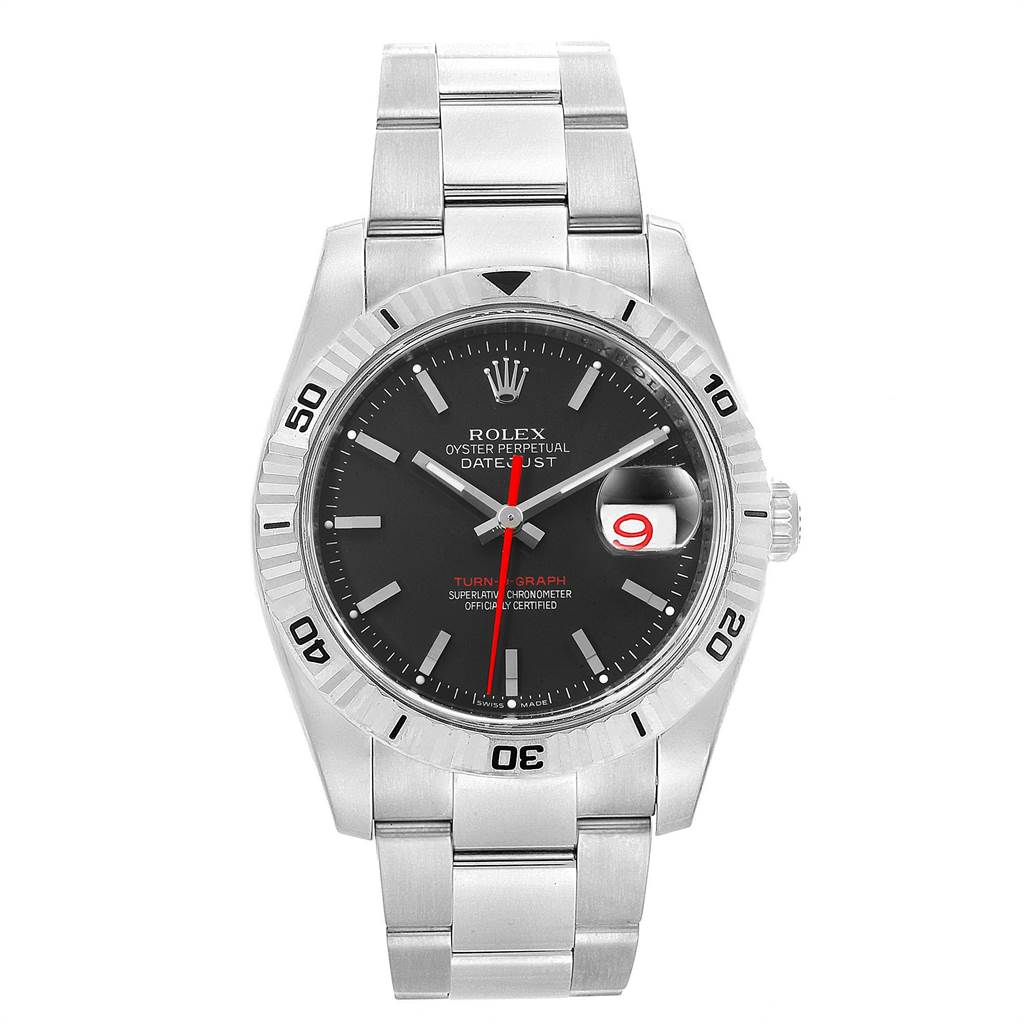 This image shows a front view of a Rolex Turn-o-Graph 116264 Men
s Stainless Steel Black Dial 116264 Men
s Stainless Steel Black Dial watch, displaying the dial, bezel, hands, date window, and bracelet.