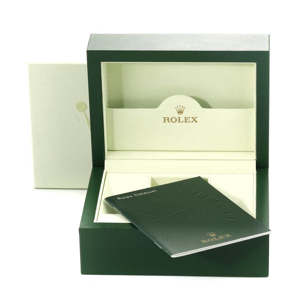 The image shows an open green Rolex box with a booklet, displaying the packaging for a Rolex Turn-o-Graph 116264 Men
s Stainless Steel Black Dial 116264 Men
s Stainless Steel Black Dial model.