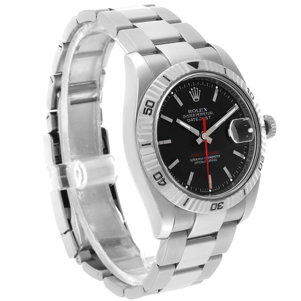 The Rolex Turn-o-Graph 116264 Men
s Stainless Steel Black Dial 116264 Men
s Stainless Steel Black Dial watch is shown at a slight angle, highlighting the bracelet, case, and face.