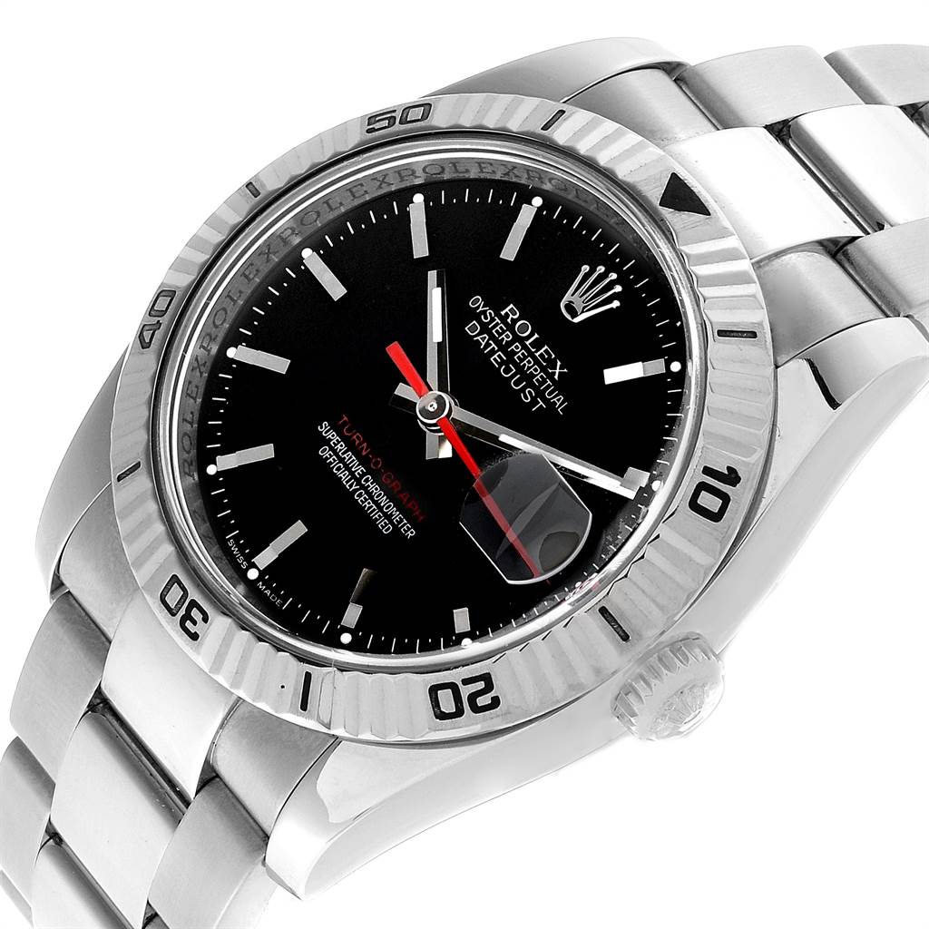 This Rolex Turn-o-Graph 116264 Men
s Stainless Steel Black Dial 116264 Men
s Stainless Steel Black Dial watch is shown at an angled close-up, featuring its face, bezel, and part of the bracelet.