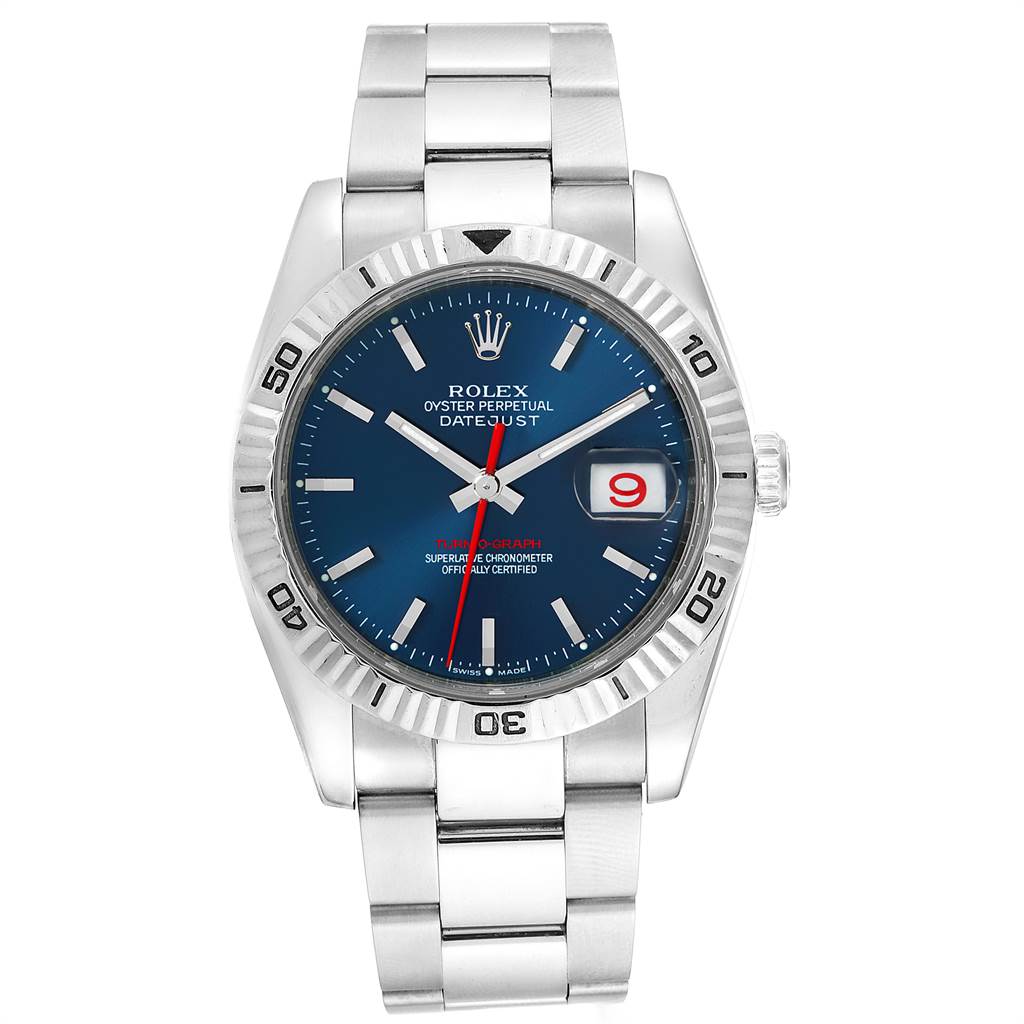 The image shows a front view of the Rolex Turn-o-Graph 116264 Men's Stainless Steel Blue Dial 116264 Men's Stainless Steel Blue Dial watch, displaying its blue dial, date window, and stainless steel bracelet.