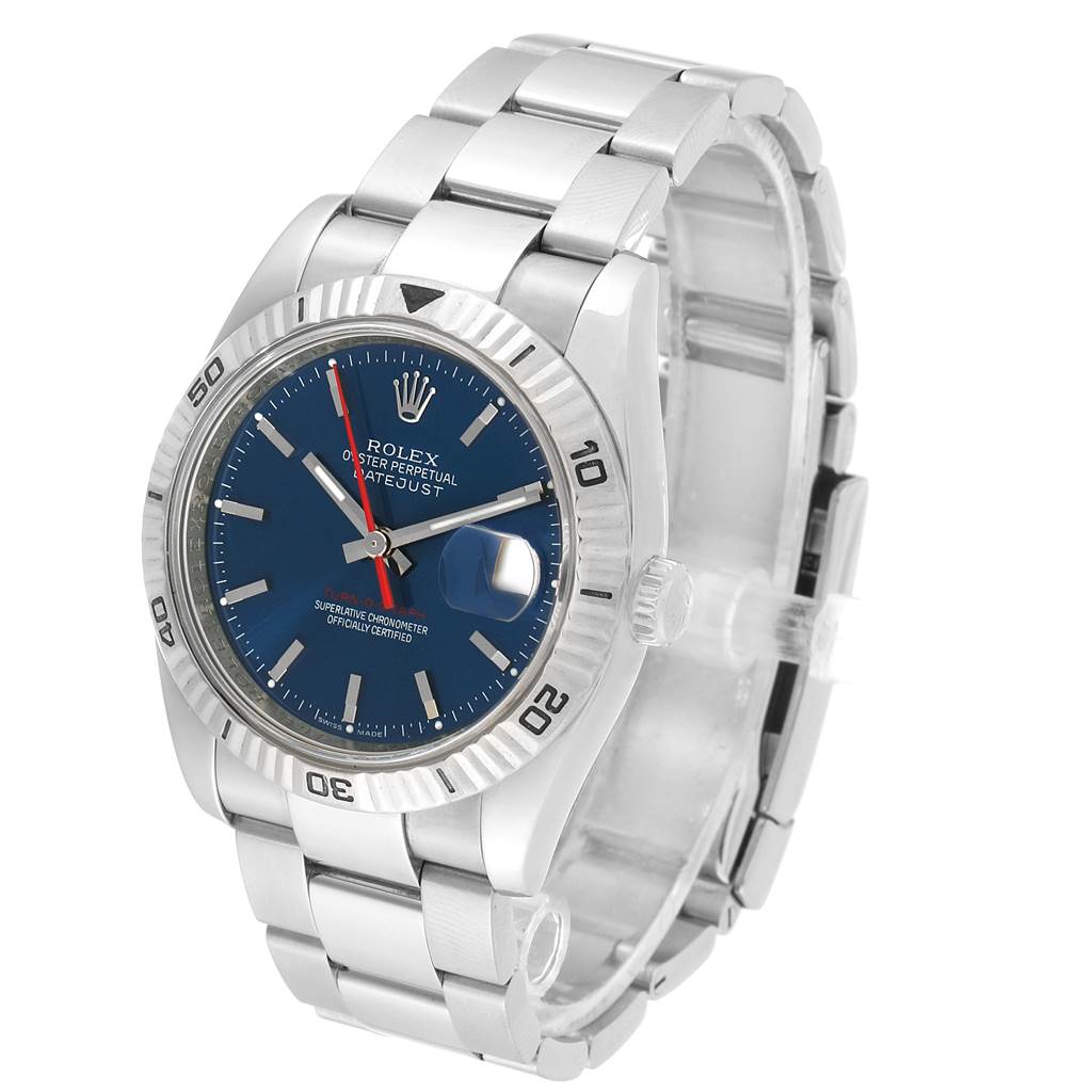 The Rolex Turn-o-Graph 116264 Men's Stainless Steel Blue Dial 116264 Men's Stainless Steel Blue Dial watch is shown from a front left angle, highlighting its bezel, blue dial, and bracelet.