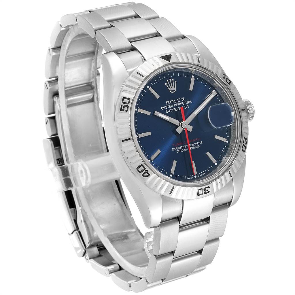 The Rolex Turn-o-Graph 116264 Men's Stainless Steel Blue Dial 116264 Men's Stainless Steel Blue Dial watch is shown at a slight angle, displaying the face, bezel, and part of the bracelet.