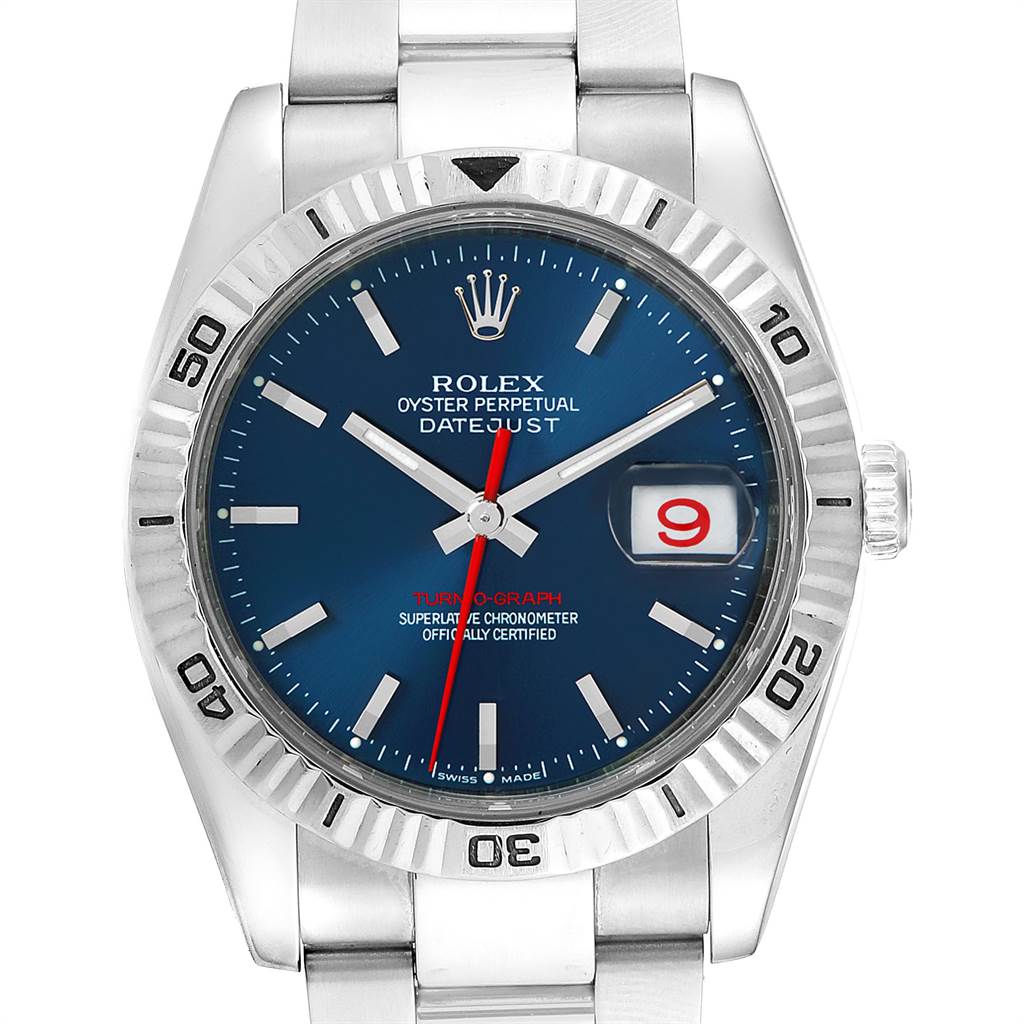 The image shows a frontal view of the Rolex Turn-o-Graph 116264 Men's Stainless Steel Blue Dial 116264 Men's Stainless Steel Blue Dial watch, highlighting its blue dial, date window, and stainless steel bracelet.