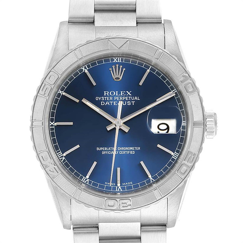 Rolex Turnograph Datejust Steel White Gold Blue Dial Mens Watch 16264 SwissWatchExpo