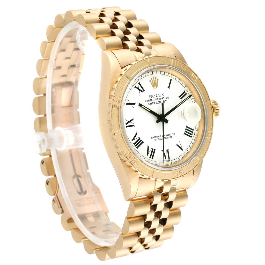 This image shows a Rolex Turn-o-Graph 16258 Men
s Yellow Gold White Dial 16258 Men
s Yellow Gold White Dial watch angled to display the face, crown, and bracelet.