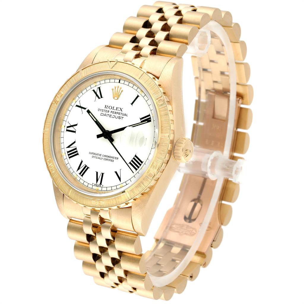 This image shows a Rolex Turn-o-Graph 16258 Men
s Yellow Gold White Dial 16258 Men
s Yellow Gold White Dial watch at an angled view, displaying the face, bezel, and metal bracelet.