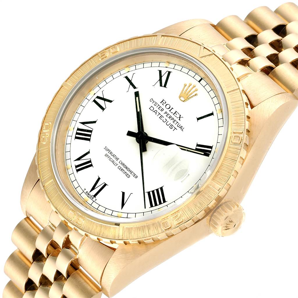 The image shows a Rolex Turn-o-Graph 16258 Men
s Yellow Gold White Dial 16258 Men
s Yellow Gold White Dial watch at a front angle, highlighting its dial, bezel, crown, and gold bracelet.