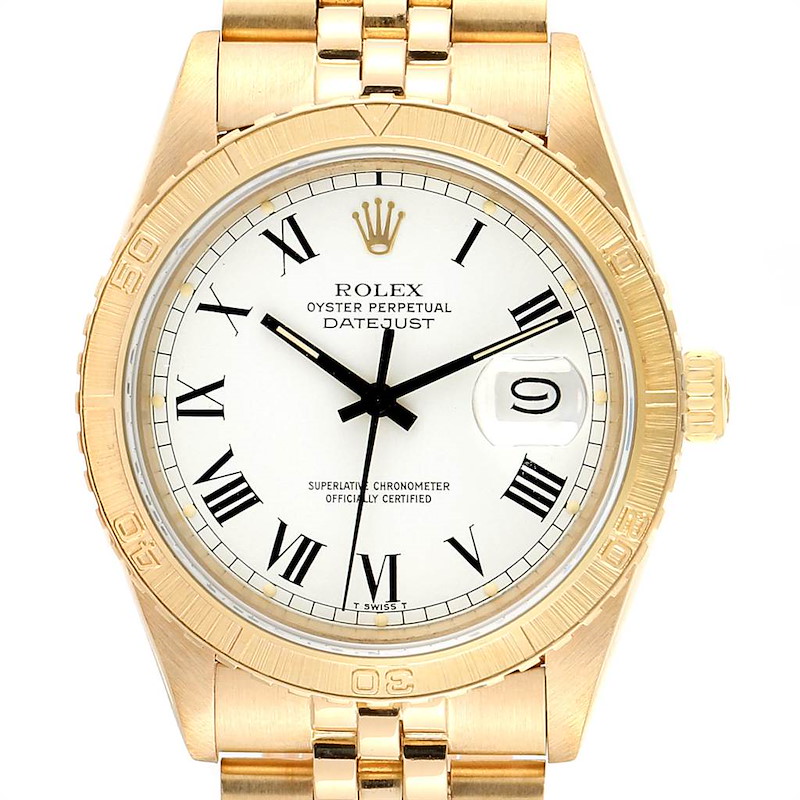 Rolex Datejust Turnograph Yellow Gold White Buckley Dial Watch 16258 SwissWatchExpo