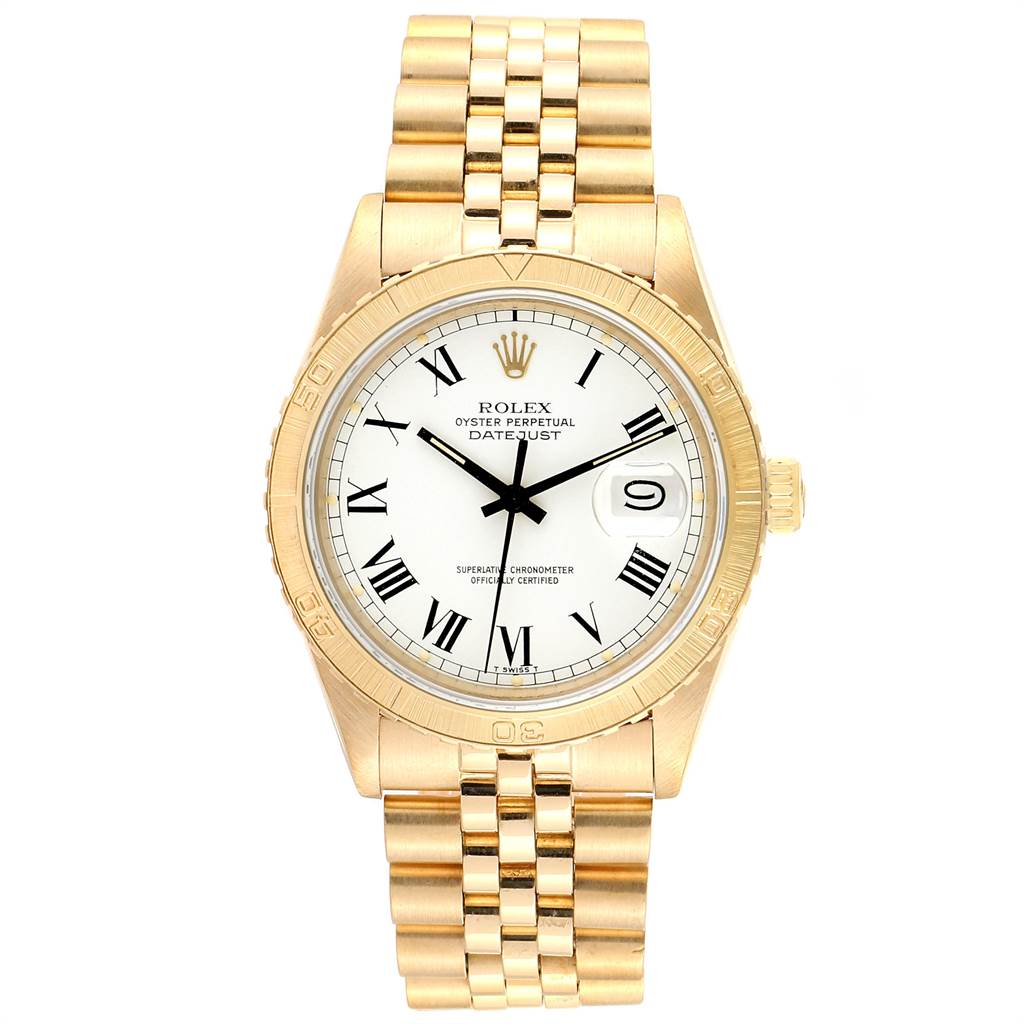 The Rolex Turn-o-Graph 16258 Men
s Yellow Gold White Dial 16258 Men
s Yellow Gold White Dial watch is shown from a front angle, displaying its dial, bezel, case, and bracelet.