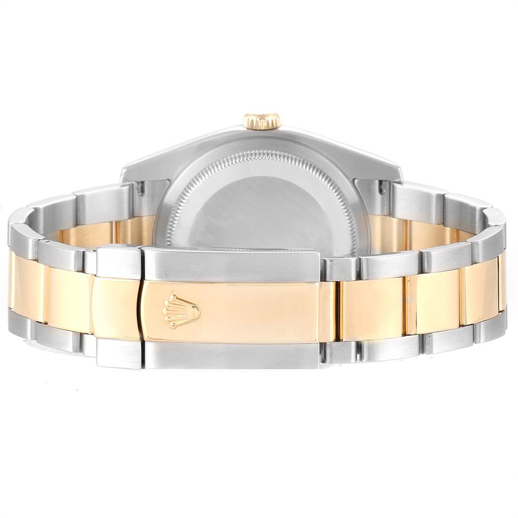 The image shows the back of a Rolex Turn-o-Graph 116263 Men
s Stainless Steel White Dial 116263 Men
s Stainless Steel White Dial watch, highlighting its two-tone bracelet and clasp.