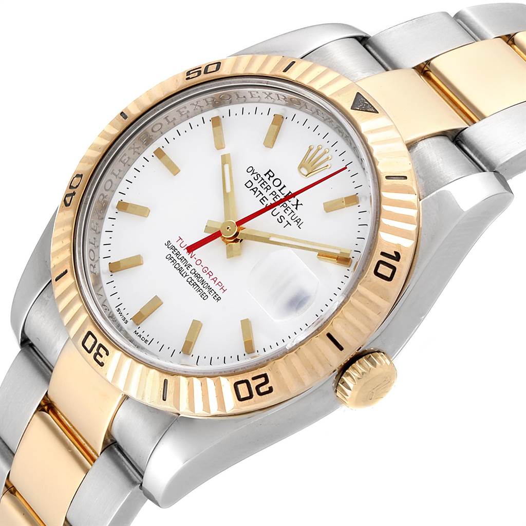 The image shows a Rolex Turn-o-Graph 116263 Men
s Stainless Steel White Dial 116263 Men
s Stainless Steel White Dial watch from a slightly angled top view, highlighting the dial, bezel, and part of the bracelet.