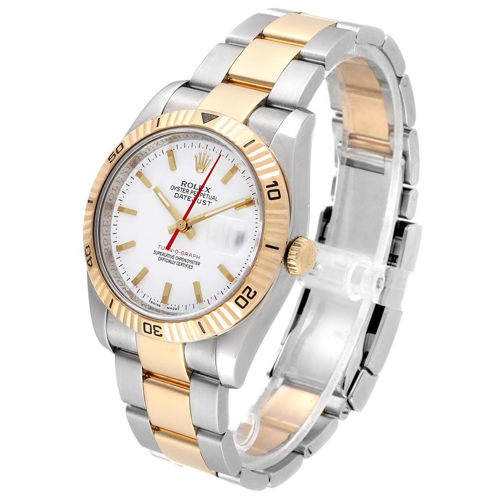 The Rolex Turn-o-Graph 116263 Men
s Stainless Steel White Dial 116263 Men
s Stainless Steel White Dial model is shown at a slight side angle, highlighting its face, bezel, crown, and two-tone metal bracelet.
