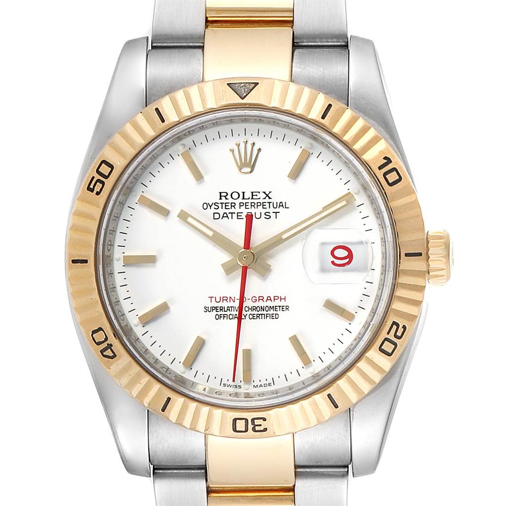 This is a front view of the Rolex Turn-o-Graph 116263 Men
s Stainless Steel White Dial 116263 Men
s Stainless Steel White Dial watch, showing the dial, bezel, crown, and bracelet.
