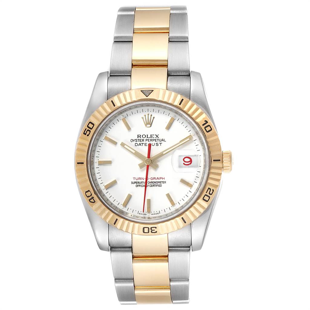 This image shows the Rolex Turn-o-Graph 116263 Men
s Stainless Steel White Dial 116263 Men
s Stainless Steel White Dial watch from a frontal angle, highlighting its dial, bezel, and bracelet.