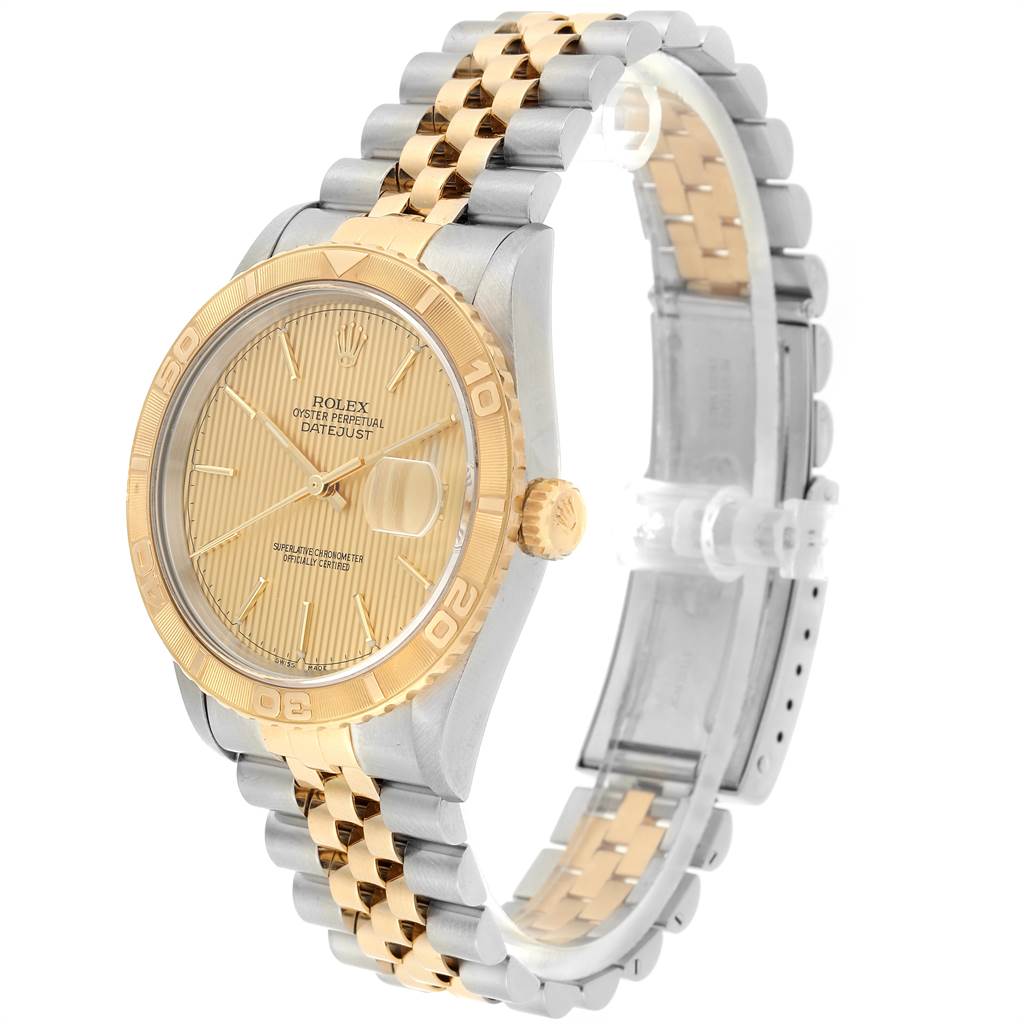 This image shows a Rolex Turn-o-Graph 16263 Men
s Steel and Gold (two tone) Champagne Dial 16263 Men
s Steel and Gold (two tone) Champagne Dial watch at a three-quarter angle, displaying the dial, bezel, crown, and two-tone bracelet.