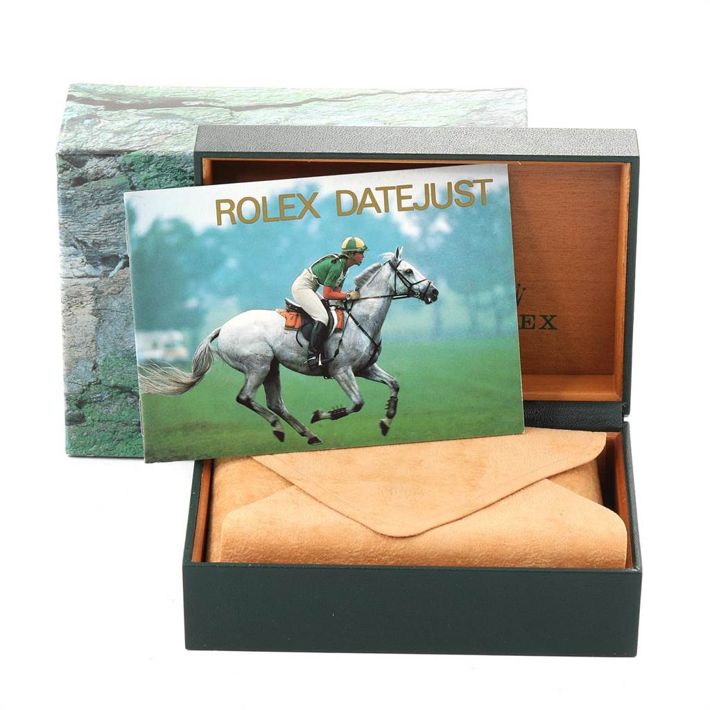 The image shows a Rolex Turn-o-Graph 16263 Men
s Steel and Gold (two tone) Champagne Dial 16263 Men
s Steel and Gold (two tone) Champagne Dial watch box, an envelope, and a booklet titled "Rolex Datejust" with a polo player image.