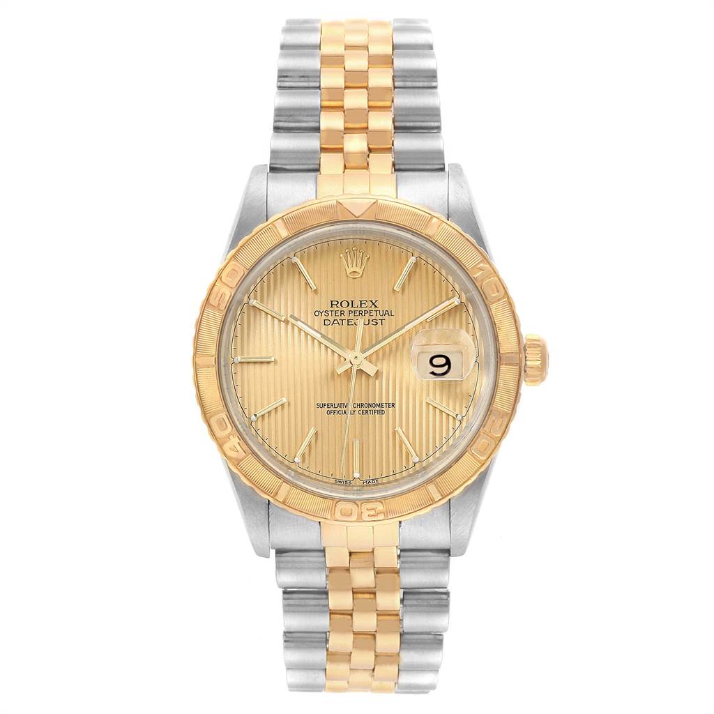 The image shows a frontal view of a Rolex Turn-o-Graph 16263 Men
s Steel and Gold (two tone) Champagne Dial 16263 Men
s Steel and Gold (two tone) Champagne Dial watch, featuring a gold and silver bracelet, gold bezel, and gold dial.