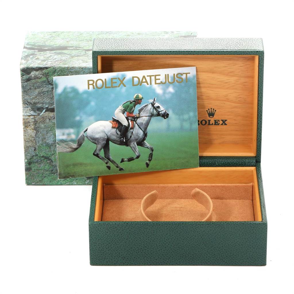 The image shows the open box and manual for the Rolex Turn-o-Graph 16263 Men
s Steel and Gold (two tone) Beige Dial 16263 Men
s Steel and Gold (two tone) Beige Dial watch, with the box displayed at an angle.