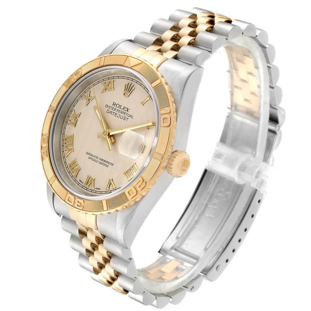 This image shows a Rolex Turn-o-Graph 16263 Men
s Steel and Gold (two tone) Beige Dial 16263 Men
s Steel and Gold (two tone) Beige Dial watch angled to display its face, bezel, crown, and two-tone bracelet.
