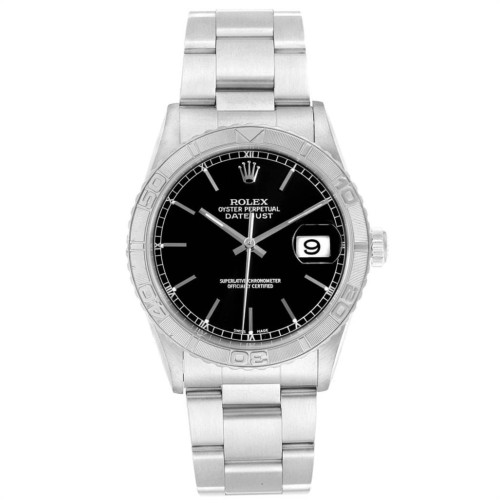 The image shows a front view of the Rolex Turn-o-Graph 16264 Men's Stainless Steel Black Dial 16264 Men's Stainless Steel Black Dial watch, displaying the dial, bezel, case, and bracelet.