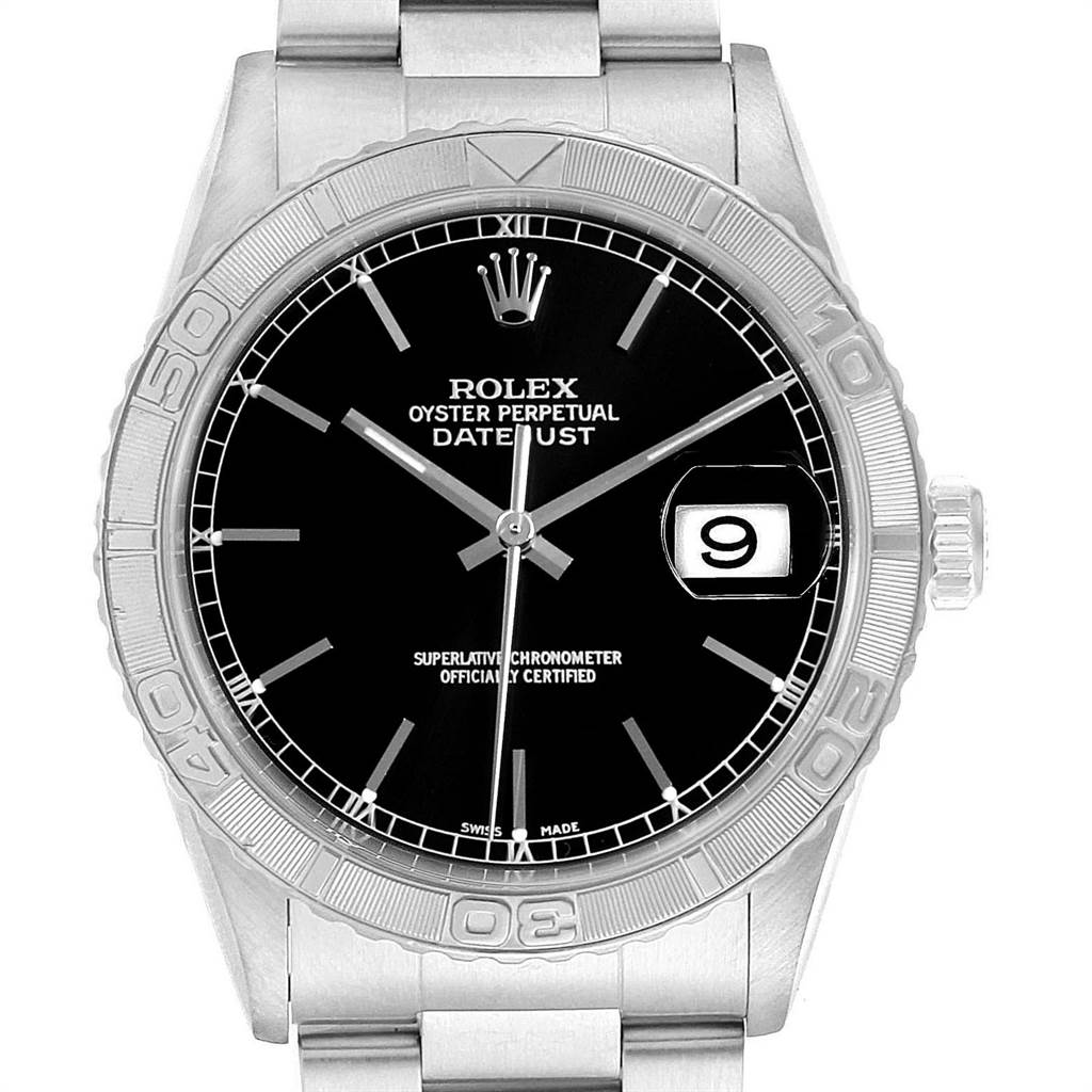 The image shows a front view of a Rolex Turn-o-Graph 16264 Men's Stainless Steel Black Dial 16264 Men's Stainless Steel Black Dial watch displaying its black dial, bezel, and full metal bracelet.