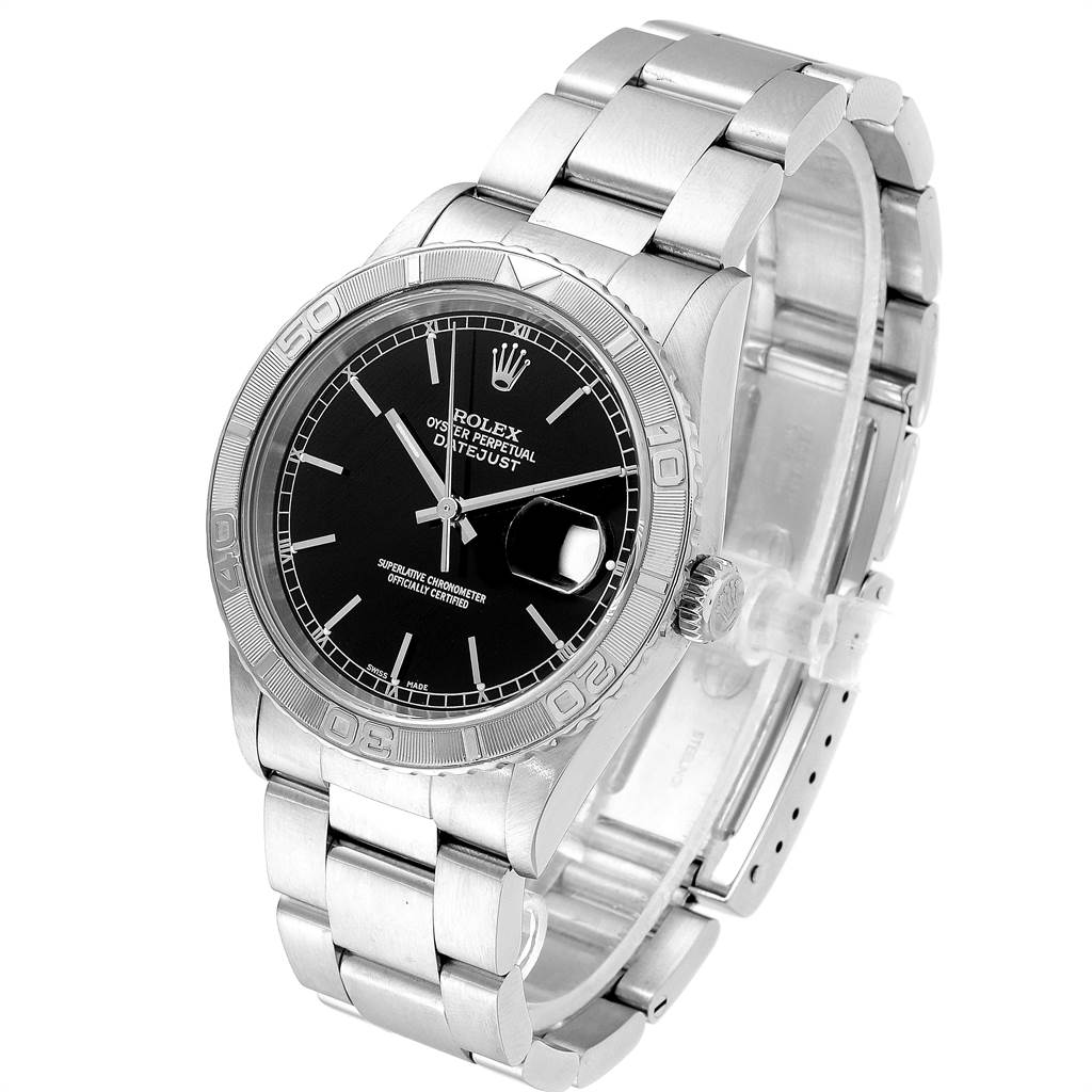 The image shows a Rolex Turn-o-Graph 16264 Men's Stainless Steel Black Dial 16264 Men's Stainless Steel Black Dial watch at an angle, highlighting its black dial, bezel, and stainless steel bracelet.