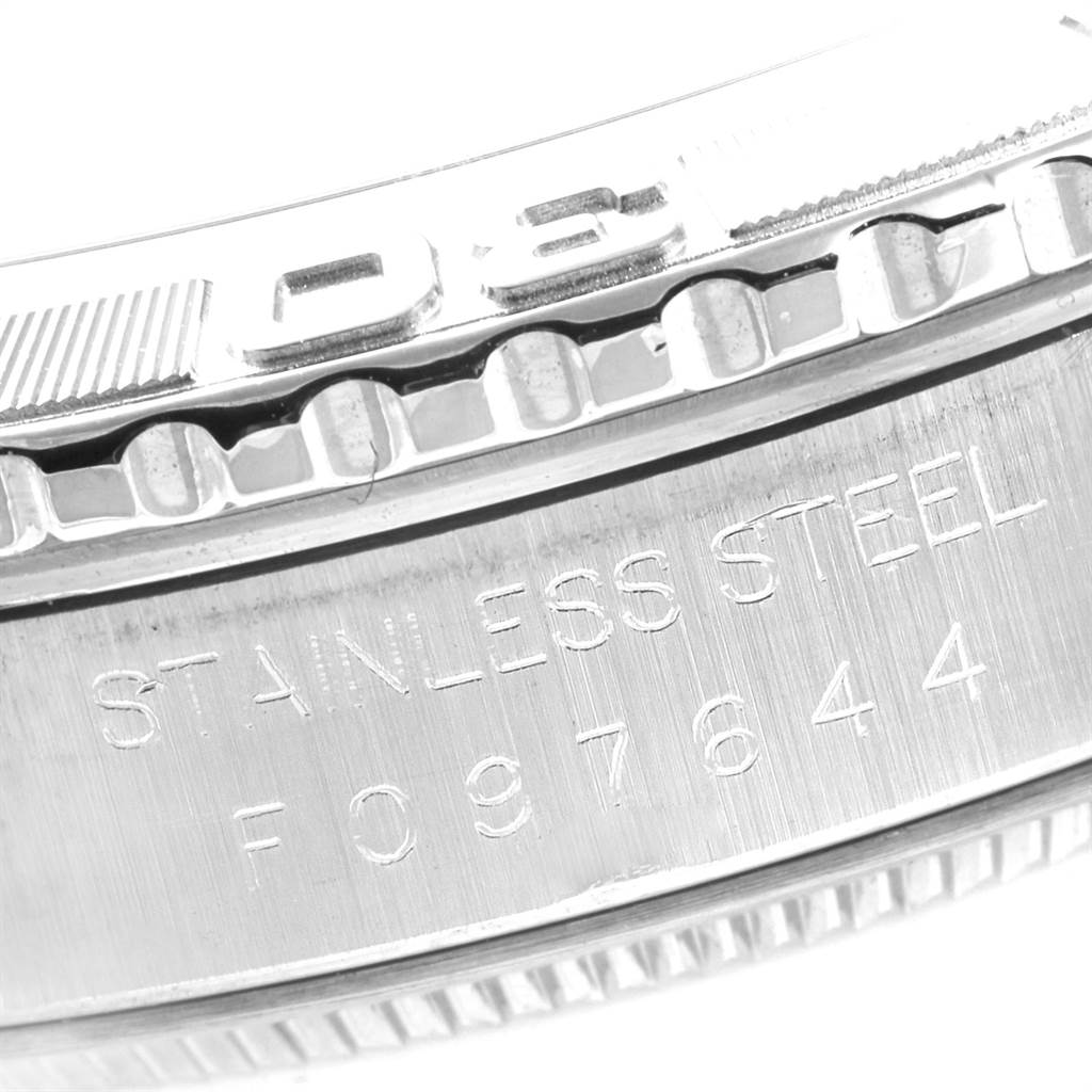 This image shows a close-up of the side of a Rolex Turn-o-Graph 16264 Men's Stainless Steel Black Dial 16264 Men's Stainless Steel Black Dial watch, highlighting the bezel and engravings.