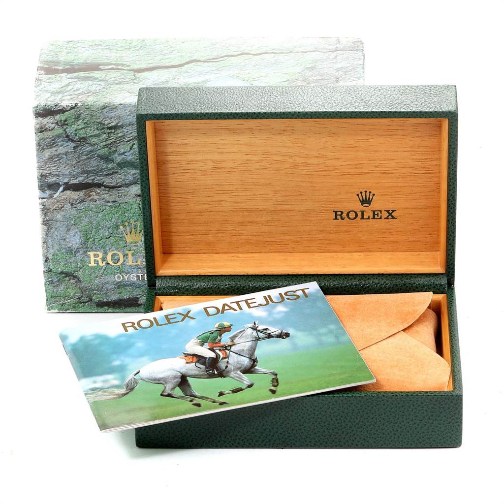 The image shows a Rolex Turn-o-Graph 16264 Men's Stainless Steel Black Dial 16264 Men's Stainless Steel Black Dial model watch box with its lid open, a booklet, and a protective pouch inside.