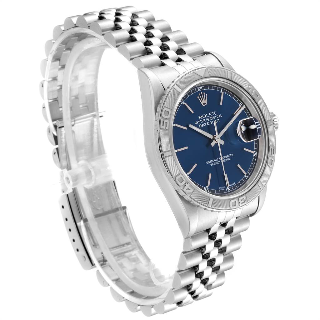 The Rolex Turn-o-Graph 16264 Men's Stainless Steel Blue Dial 16264 Men's Stainless Steel Blue Dial model is shown at an angle highlighting its blue dial, bezel, and jubilee bracelet.