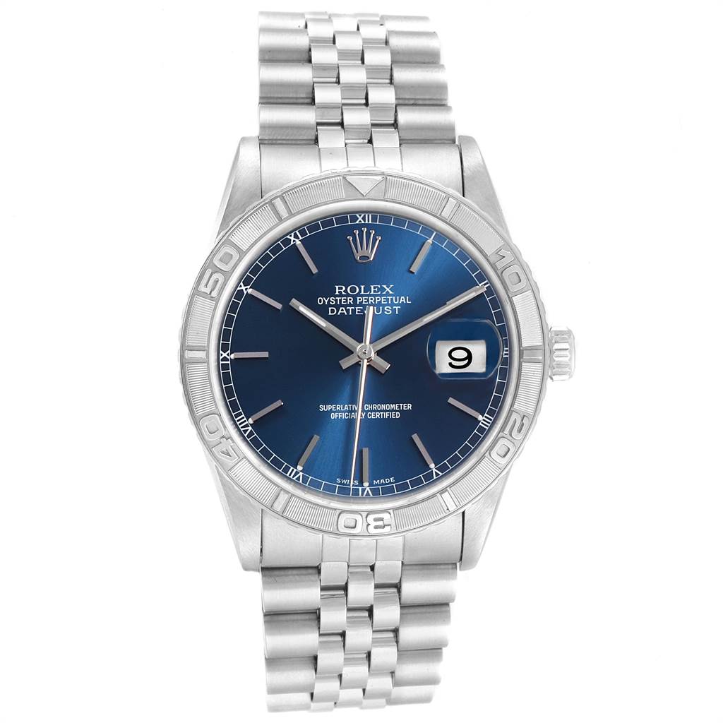 The image shows a front view of the Rolex Turn-o-Graph 16264 Men's Stainless Steel Blue Dial 16264 Men's Stainless Steel Blue Dial watch, highlighting the blue dial, bezel, bracelet, and date window.