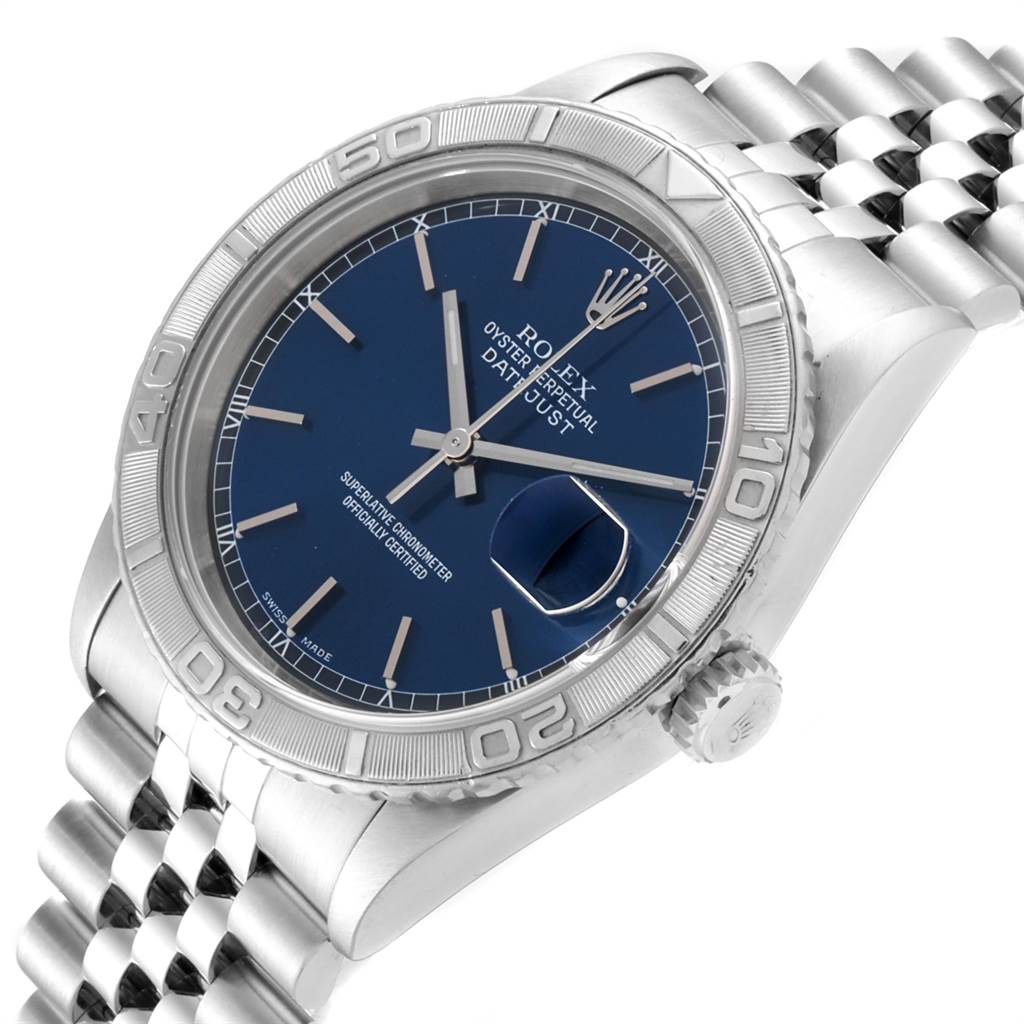 The image shows a close-up, angled view of the Rolex Turn-o-Graph 16264 Men's Stainless Steel Blue Dial 16264 Men's Stainless Steel Blue Dial watch, highlighting the face, bezel, and bracelet.