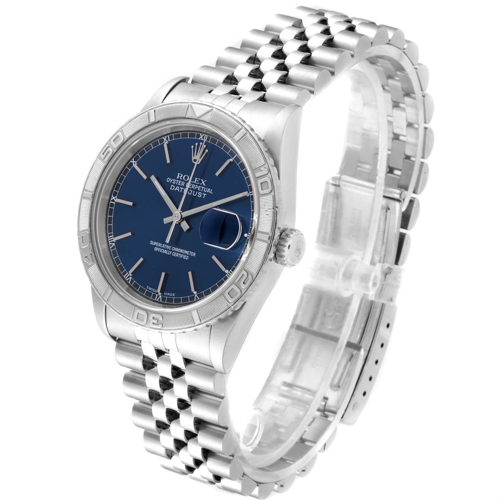 The Rolex Turn-o-Graph 16264 Men's Stainless Steel Blue Dial 16264 Men's Stainless Steel Blue Dial watch is shown at a three-quarter angle, displaying the face, bezel, crown, and part of the bracelet.