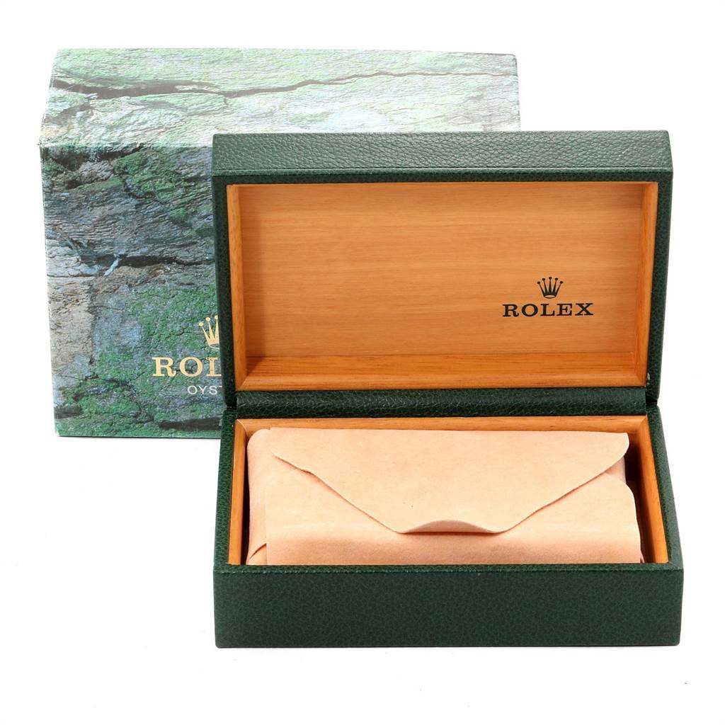This image shows the open box packaging for a Turn-o-Graph model by Rolex, including an outer box and inner leather-clad wooden box.