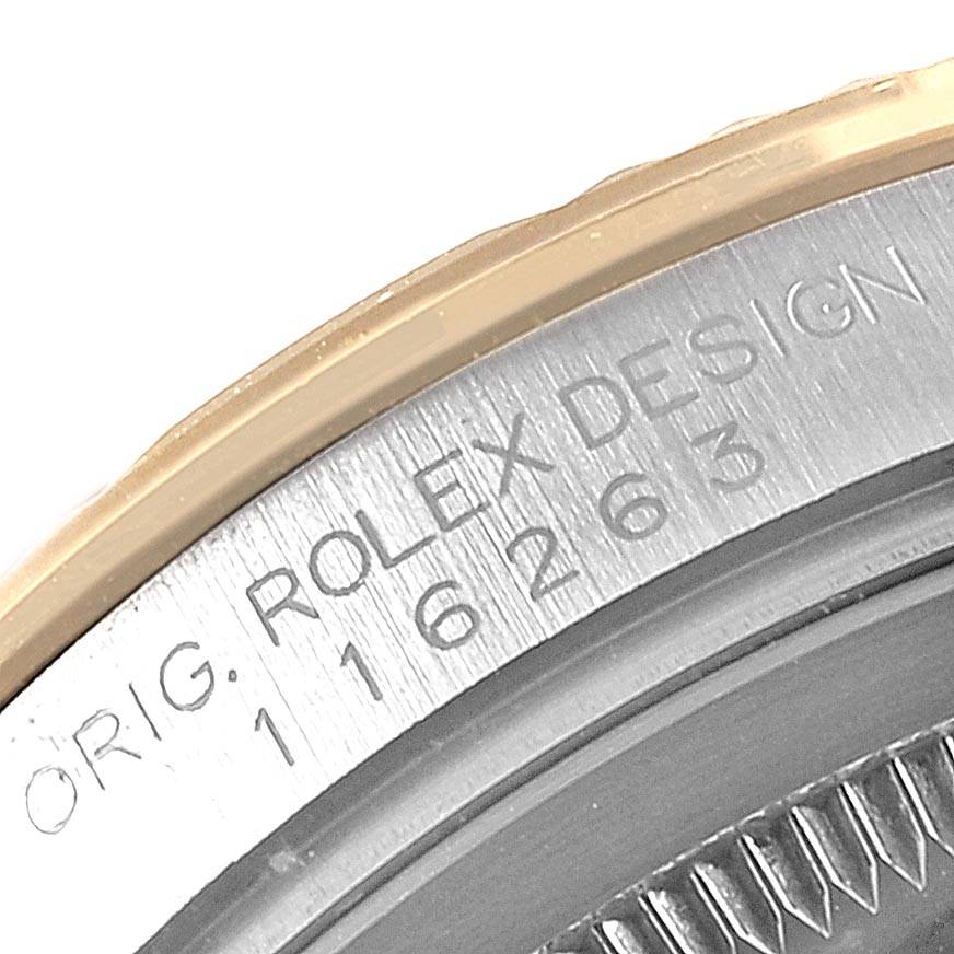 The image shows an angled close-up of the case back engraving of a Rolex Turn-o-Graph 116263 Men
s Stainless Steel Champagne Dial 116263 Men
s Stainless Steel Champagne Dial model, highlighting the model number and brand name.