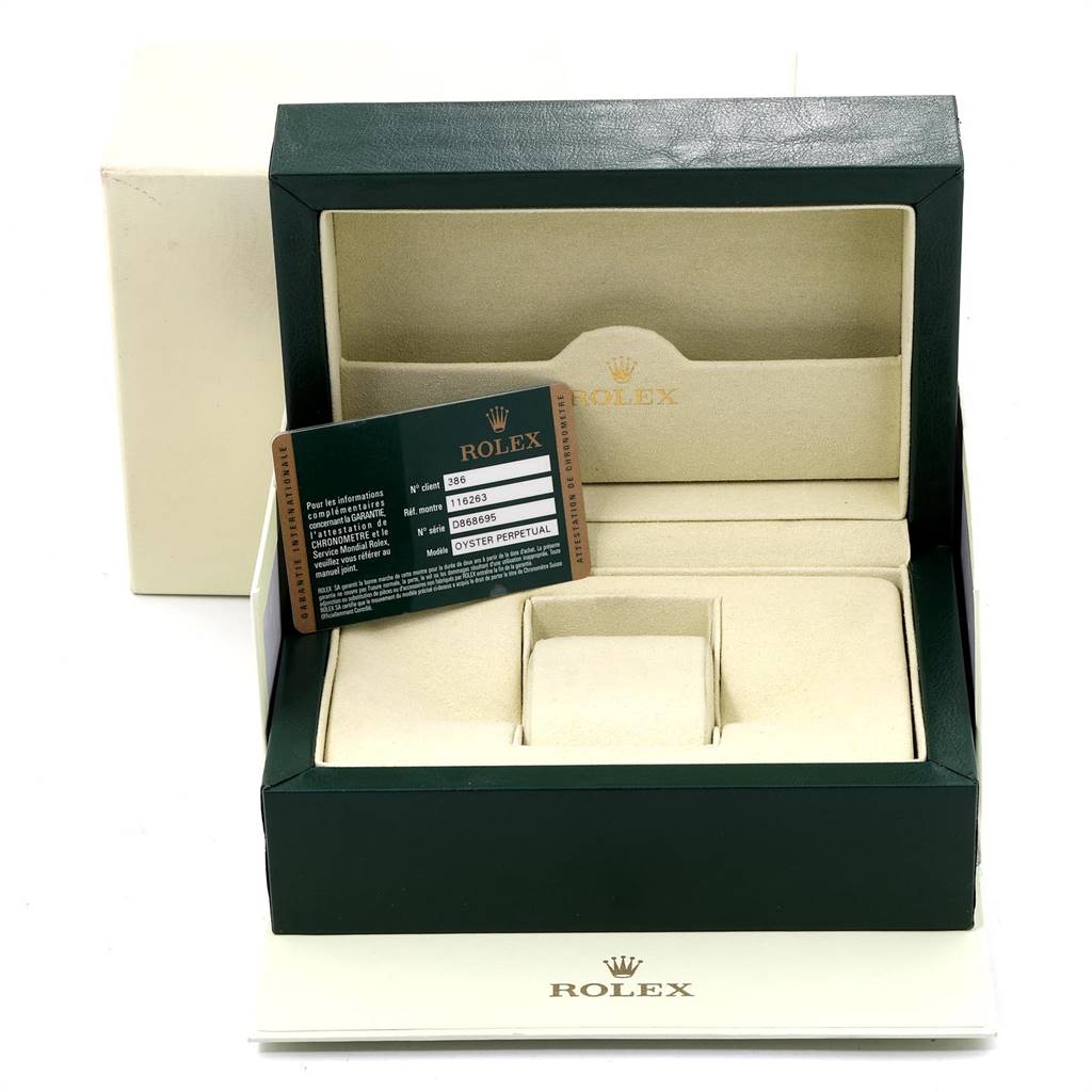 The image shows a Rolex Turn-o-Graph 116263 Men
s Stainless Steel Champagne Dial 116263 Men
s Stainless Steel Champagne Dial watch box, warranty card, and packaging from a front-top angle.