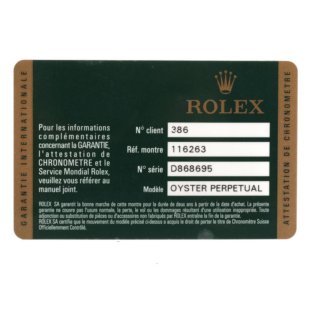 This image shows the warranty card for a Rolex Turn-o-Graph 116263 Men
s Stainless Steel Champagne Dial 116263 Men
s Stainless Steel Champagne Dial model, including client number, watch reference, and serial number.