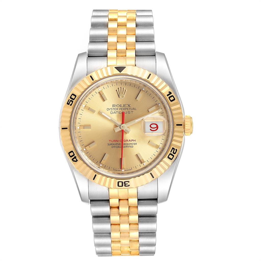 The image shows a Rolex Turn-o-Graph 116263 Men
s Stainless Steel Champagne Dial 116263 Men
s Stainless Steel Champagne Dial watch from a front view, highlighting its dial, bezel, and two-tone bracelet.