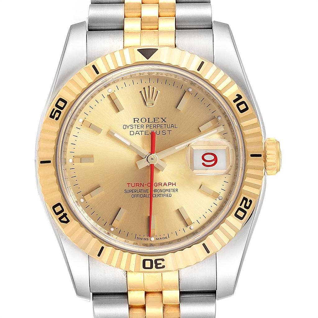 The image shows a close-up, front view of a Rolex Turn-o-Graph 116263 Men
s Stainless Steel Champagne Dial 116263 Men
s Stainless Steel Champagne Dial watch, highlighting its gold bezel, dial, and two-tone bracelet.