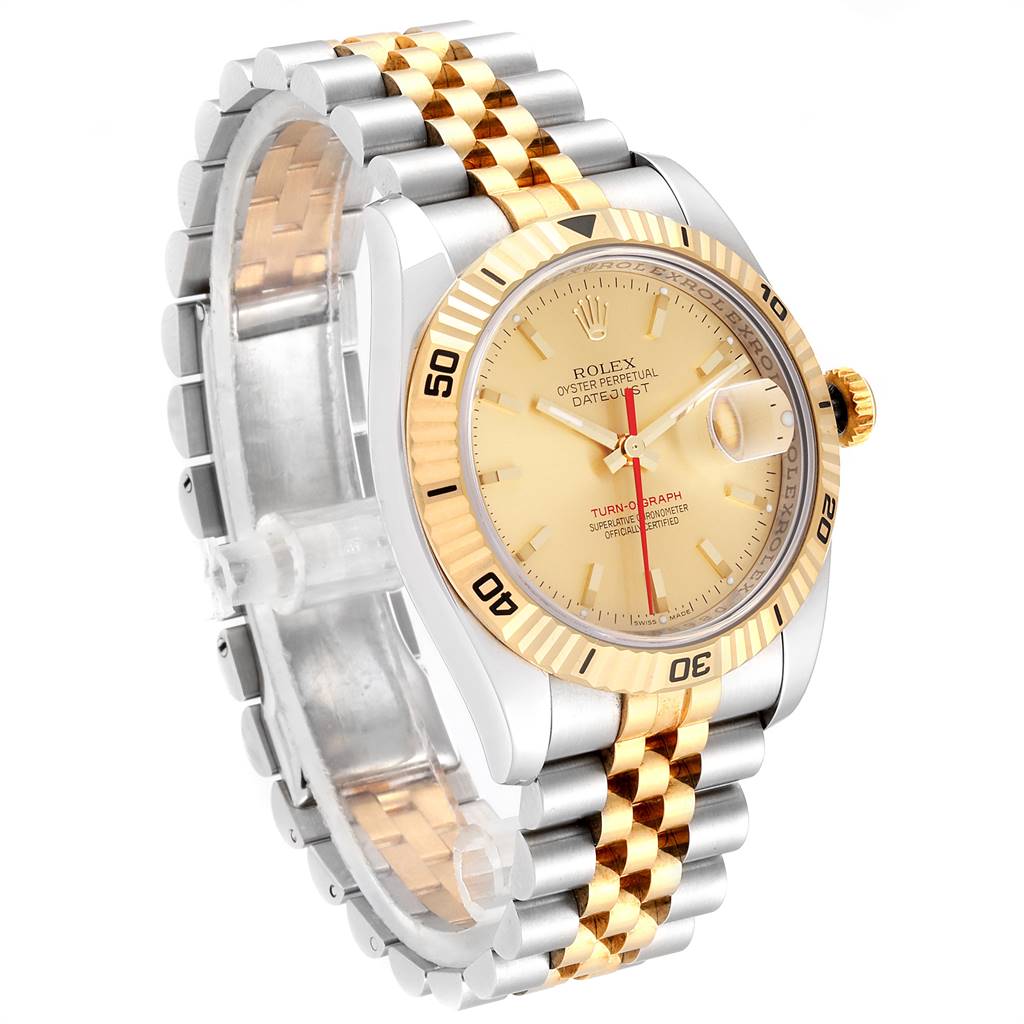The Rolex Turn-o-Graph 116263 Men
s Stainless Steel Champagne Dial 116263 Men
s Stainless Steel Champagne Dial model is shown at a slight angle, highlighting the face, bezel, crown, and two-tone bracelet.
