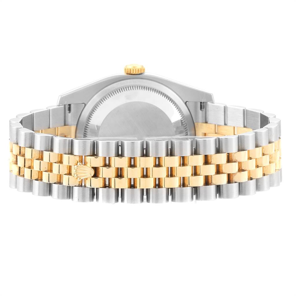 The image shows the back of a Rolex Turn-o-Graph 116263 Men
s Stainless Steel Champagne Dial 116263 Men
s Stainless Steel Champagne Dial watch, specifically highlighting the two-tone bracelet and the back case.