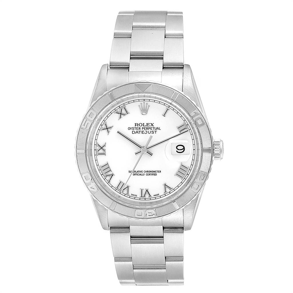 The image shows a front view of the Rolex Turn-o-Graph 16264 Men
s Stainless Steel White Dial 16264 Men
s Stainless Steel White Dial watch, highlighting the dial, bezel, bracelet, and date window.