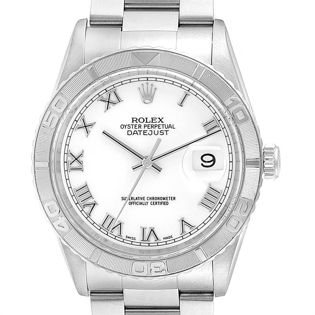 The image shows a front view of a Rolex Turn-o-Graph 16264 Men
s Stainless Steel White Dial 16264 Men
s Stainless Steel White Dial watch, highlighting its bezel, dial with Roman numerals, and bracelet.