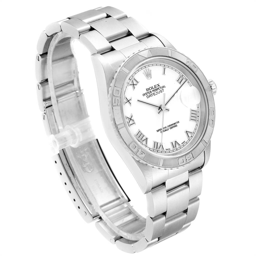 The image shows a Rolex Turn-o-Graph 16264 Men
s Stainless Steel White Dial 16264 Men
s Stainless Steel White Dial model watch from an angled top view, highlighting its face, bezel, and bracelet.