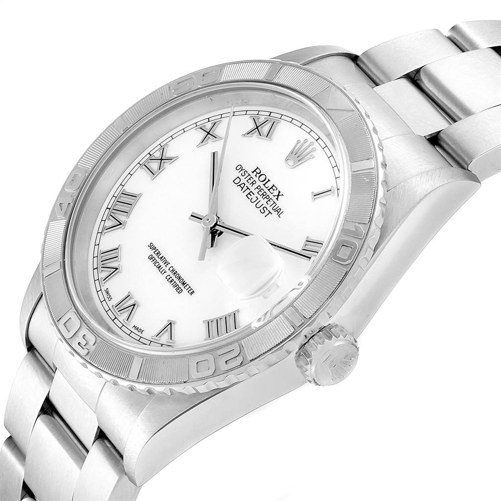The image shows a close-up, angled view of the Rolex Turn-o-Graph 16264 Men
s Stainless Steel White Dial 16264 Men
s Stainless Steel White Dial watch, highlighting the face, bezel, crown, and part of the bracelet.