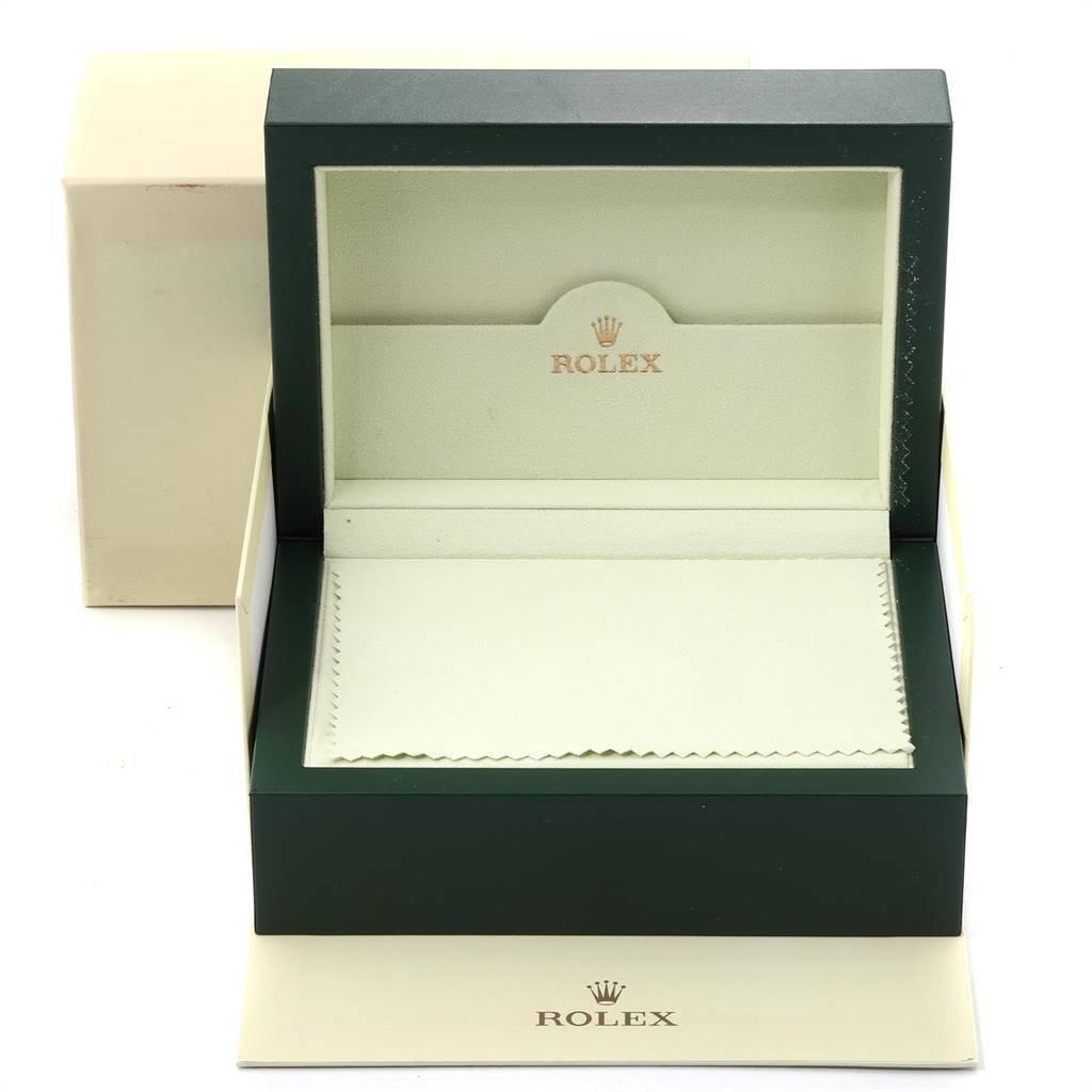 This image shows an open Rolex Turn-o-Graph 116263 Men
s Steel and Gold (two tone) Grey Dial 116263 Men
s Steel and Gold (two tone) Grey Dial watch box, displaying the interior and the Rolex branding.