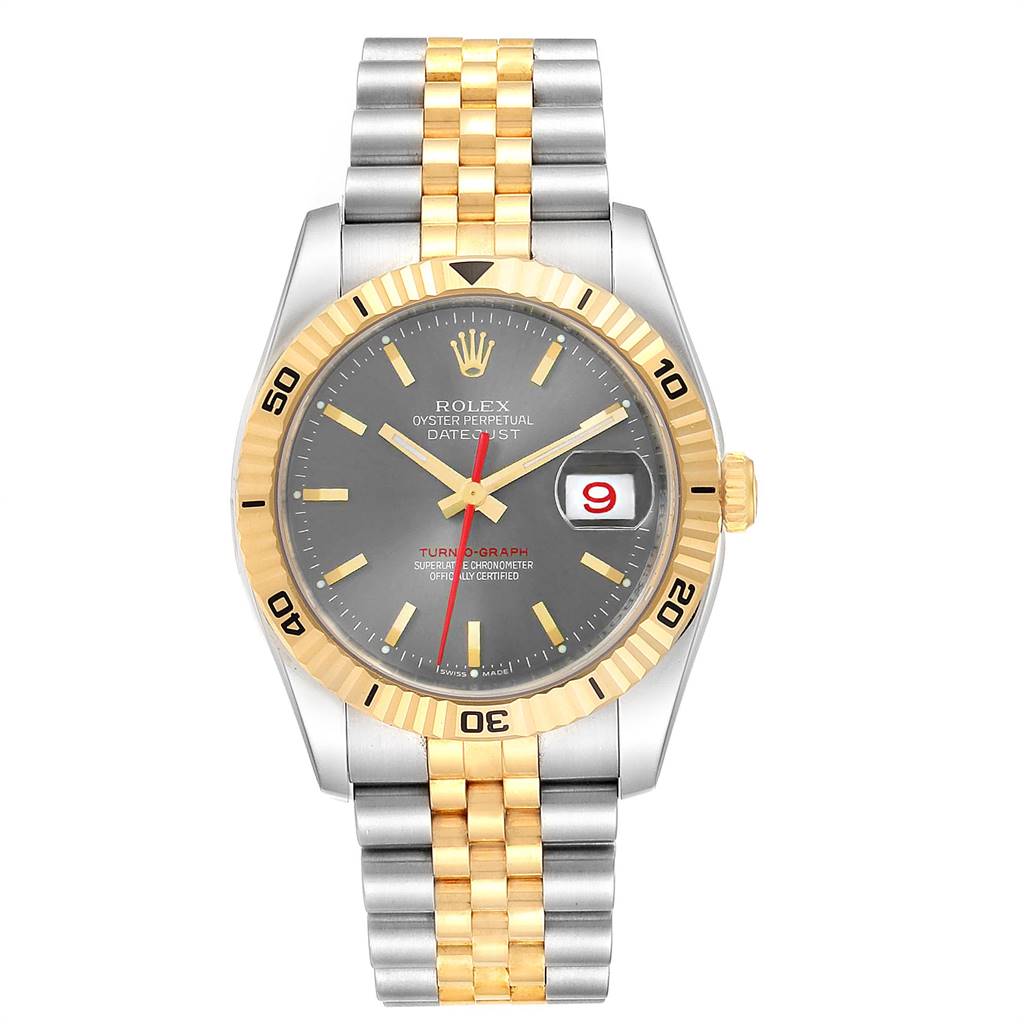 The image shows a frontal view of a Rolex Turn-o-Graph 116263 Men
s Steel and Gold (two tone) Grey Dial 116263 Men
s Steel and Gold (two tone) Grey Dial watch featuring a gold bezel and two-tone bracelet.